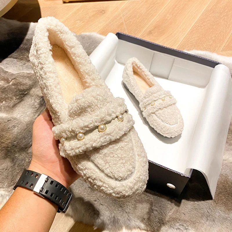 Winter Pearls Lambswool Cotton Shoes Women Home Loafers Warm Curly Sheep Fur Flats Office Lady Mocasines Mujer