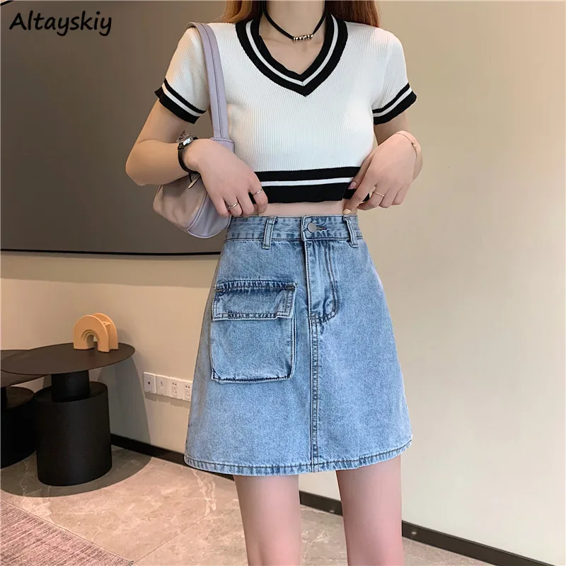 

Skirts Women Sexy Pockets Blue High Waist A-line Solid Mini Casual Trendy All-match Ins Popular Harajuku Streetwear Korean Style