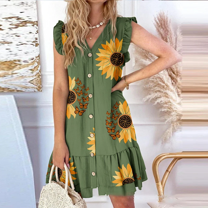 

Sexy V Neck Women Floral Print Mini Dress Summer Sleeveless Button Ruffle Party Dress Casual Loose Lace Splicing Holiday Dresses