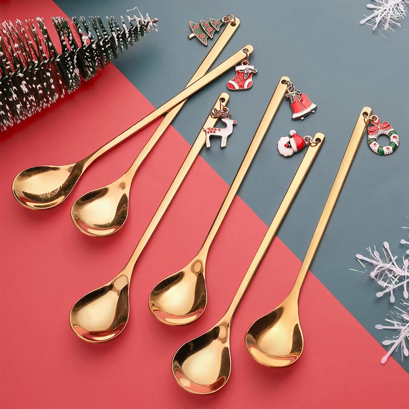 

6PC Exquisite Christmas Pendant Coffee Spoon Set Gold 304 Stainless Steel Dessert Ice Cream Spoons Forks Xmas Tableware Gifts