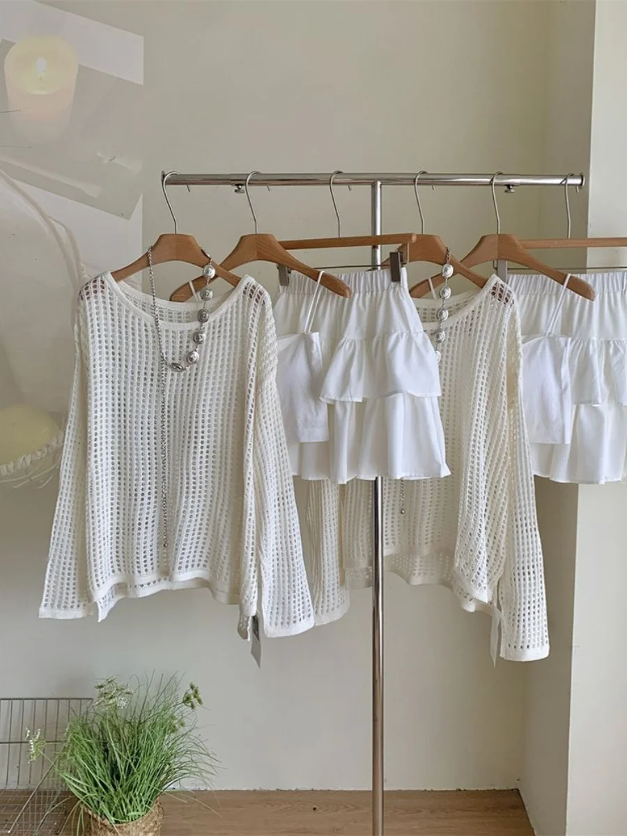 Нежный ажурный вязаный свитер с длинными рукавами комплект из двух предметов