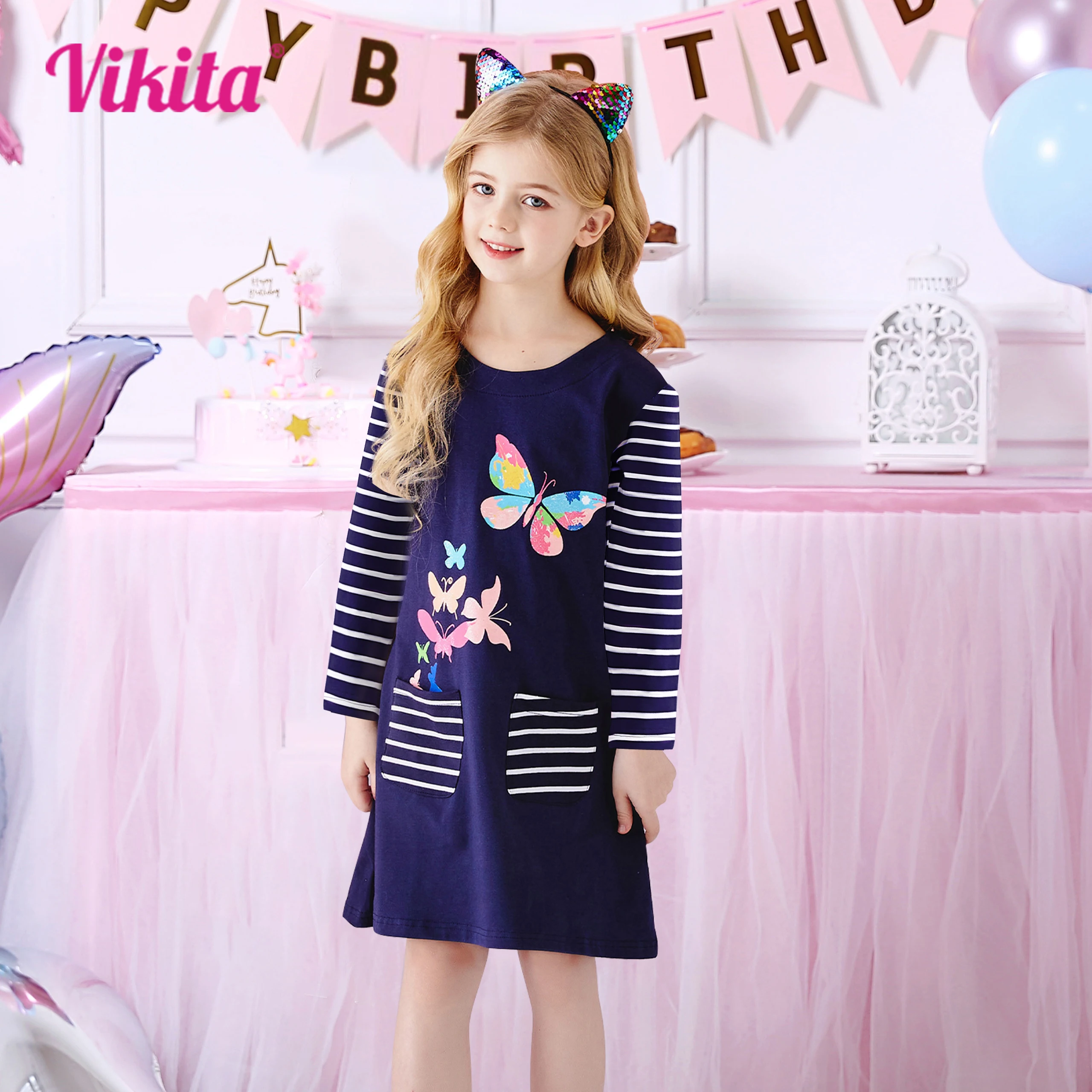 Купи VIKITA Girls Dress Autumn Spring Baby Girl Striped Cartoon Print Clothes Kids Dresses for Girls Vestidos Princess Cotton Dress за 755 рублей в магазине AliExpress