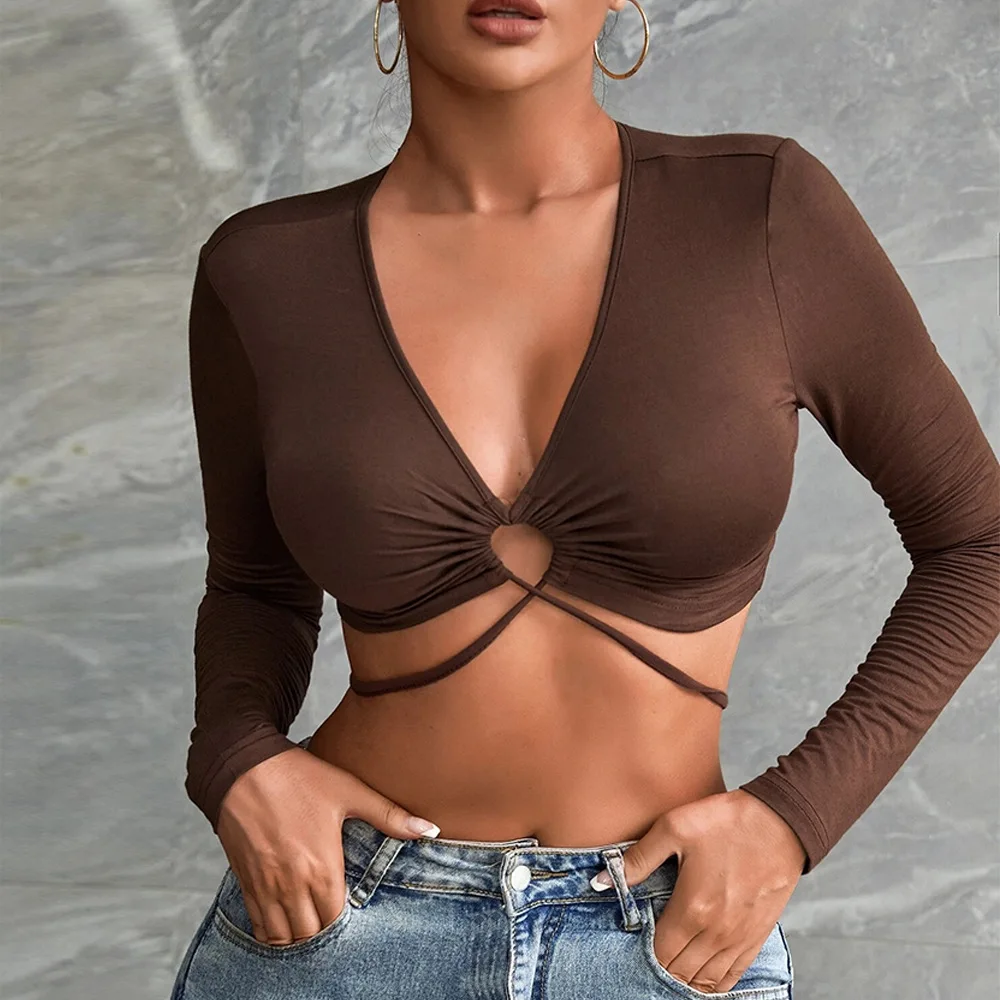 

Women Solid Color Lace-up Hollow T-shirt 2022 New Autumn Ladies Sexy Slim Fit Long Sleeves V Neck Cutout Streetwear Crop Tops