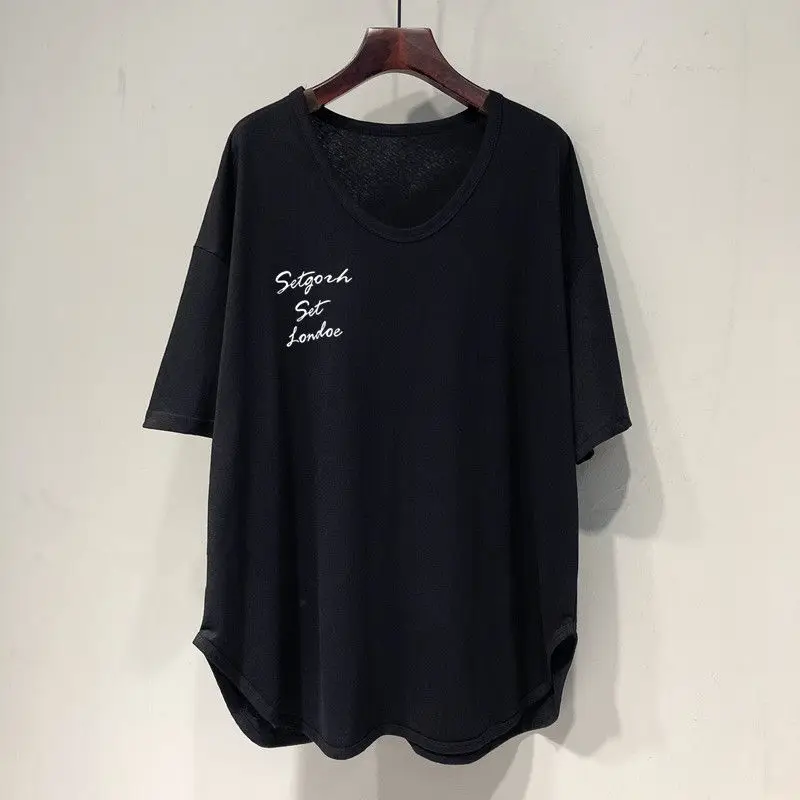 Летние свободные асимметричные футболки с коротким рукавом и принтом простые