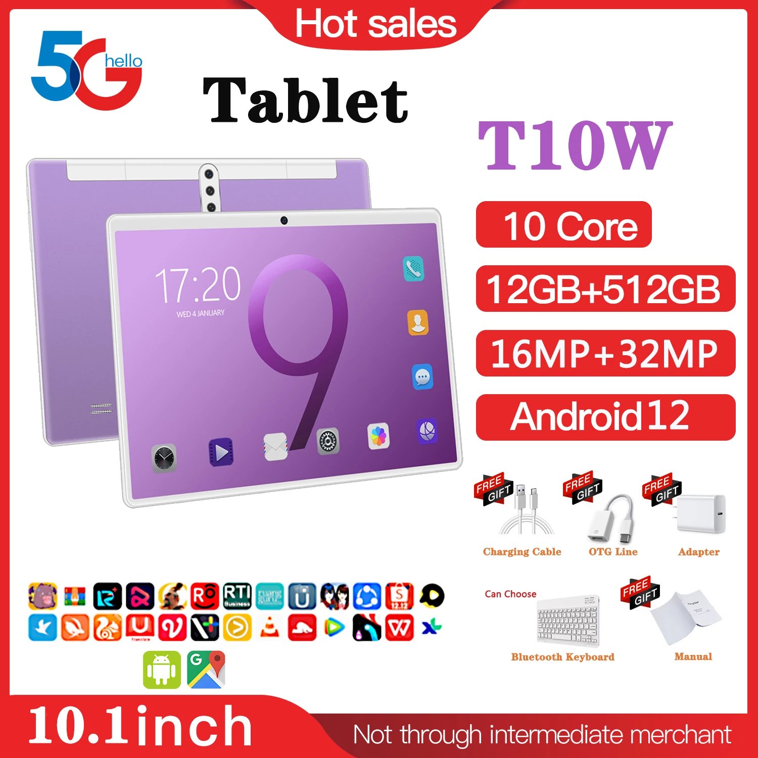 Tablet PC 5G 10.1 Inch Global Version 10 Core Google Play 12GB 512GB Pad T10W 8800mAh Firmware IPS With Keyboard Android 10 Face