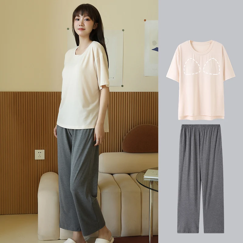 Ice Silk Nightwears for Ladies Chest Pad Women's Home Clothes Sets Crew Neck Sleepwear Women's Pajamas Free Shipping Puller Thin
