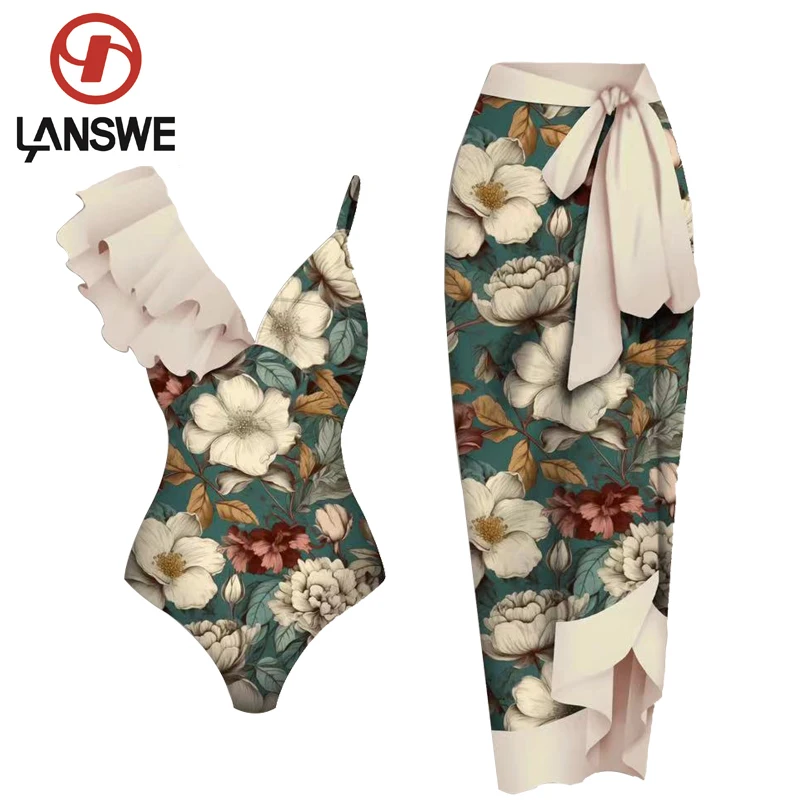 

2023 LANSWE Retro Print Deep V One-Piece Swimsuit One-Piece Women Smock Swimwear Two-Piece Suit Summer Beach Wear OP055