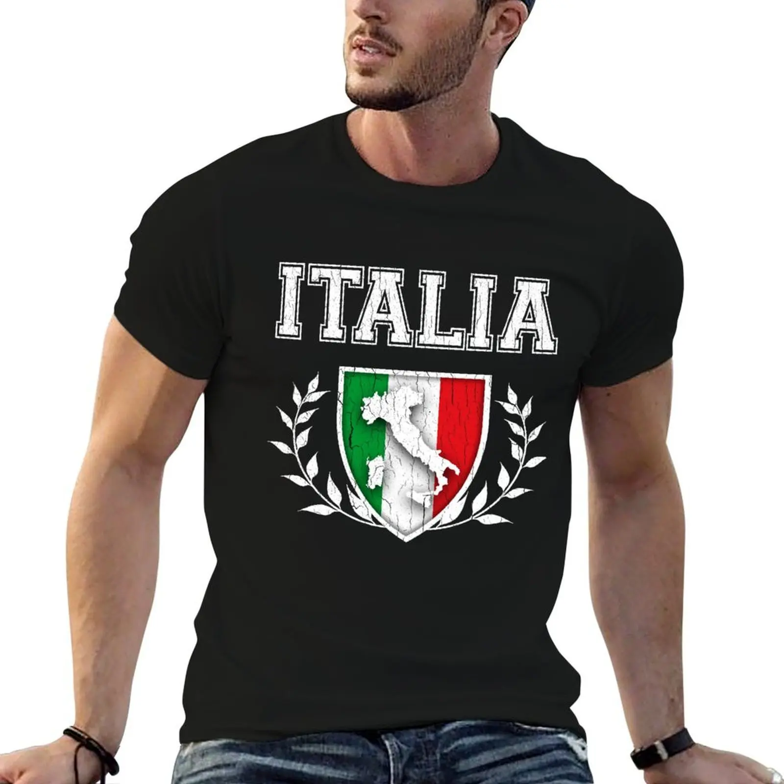 Фото Футболка ITALIA - Классический дизайн с флагом и гербом Италии (винтажный состаренный стиль) - Универсальная повседневная рабочая футболка №1