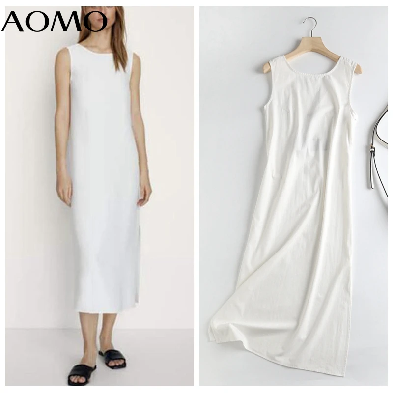 

AOMO Women White Backless Cotton Midi Dress Sleeveless O Neck 2021 Fashion Lady Elegant Dresses 6D52A