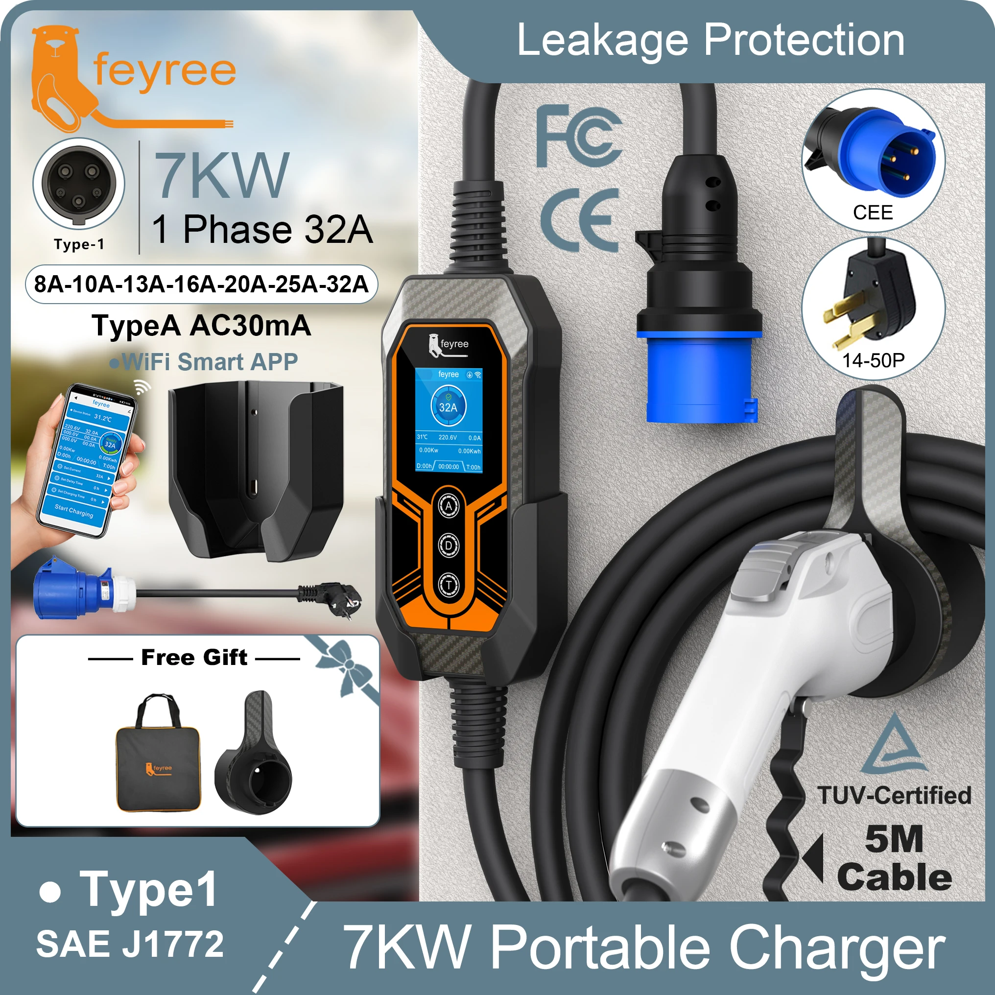 Feyree Type1 Plug j1772 32A 7KW 1P Портативное зарядное устройство для электромобилей с