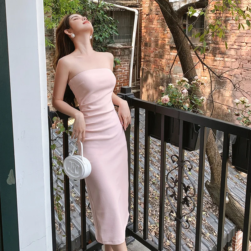 

Women's Summer 2023 New Fashion Solid One-line Collar Shirring Bandeau Midi Dress Sexy Elegant Split Slim Hip Wrap Bodycon Dress