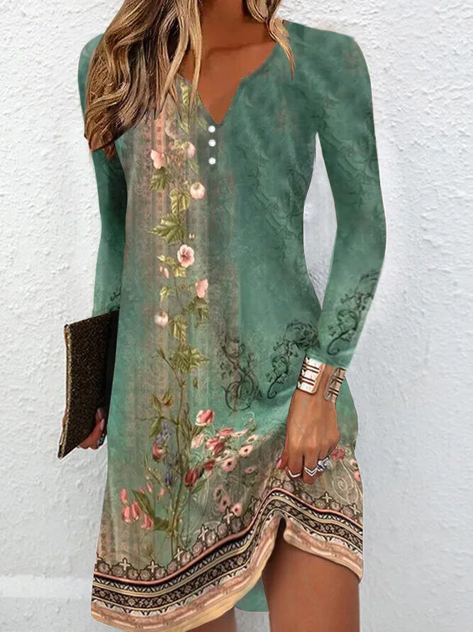 

2023 Autumn Fashion Loose Long-sleeved V-neck Printed Button Irregular Dress Women's Clothing Dress for Women