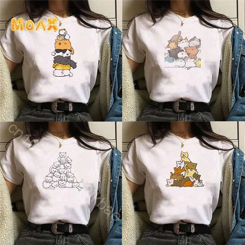 

Vintage Cartoon Cats Print Ladies T-Shirt Tops Summer Casual Basics O-Collar White Tee Shirt Short Sleeve Graphics Women Tshirt