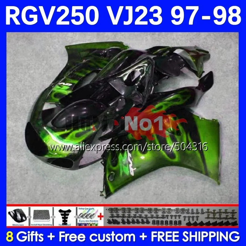 

Боди для SUZUKI RGVT250 SAPC RGV 250 VJ23 97-98 42MC.167 RGV-250 VJ 23 RGVT-250 RGV250 97 98 1997 1998 комплект обтекателей с зеленым пламенем