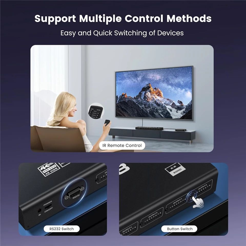 Фото Navceker 4K 60 Гц HDMI Matrix 8x8 Switcher Splitter 8 входов 8 выходов RS232 ИК-пульт дистанционного управления для мониторинга безопасности ЖК-телевизор №5