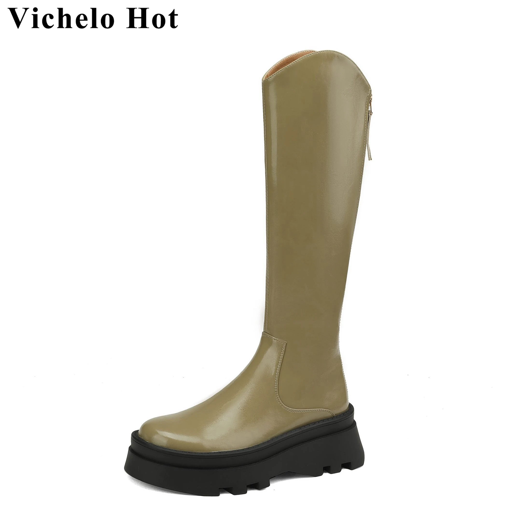 

Vichelo Hot Cow Split Leather Round Toe Thick High Heels Riding Long Boots Platform Leisure Kpop Style Zipper Thigh High Boots