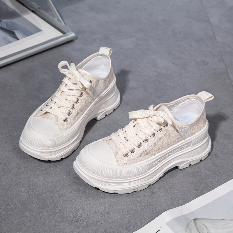 2023 Summer Lace Breathable Shallow Mouth White Shoes Women's Thick-bottomed Hidden Heel Casual All-match Sneakers Pink