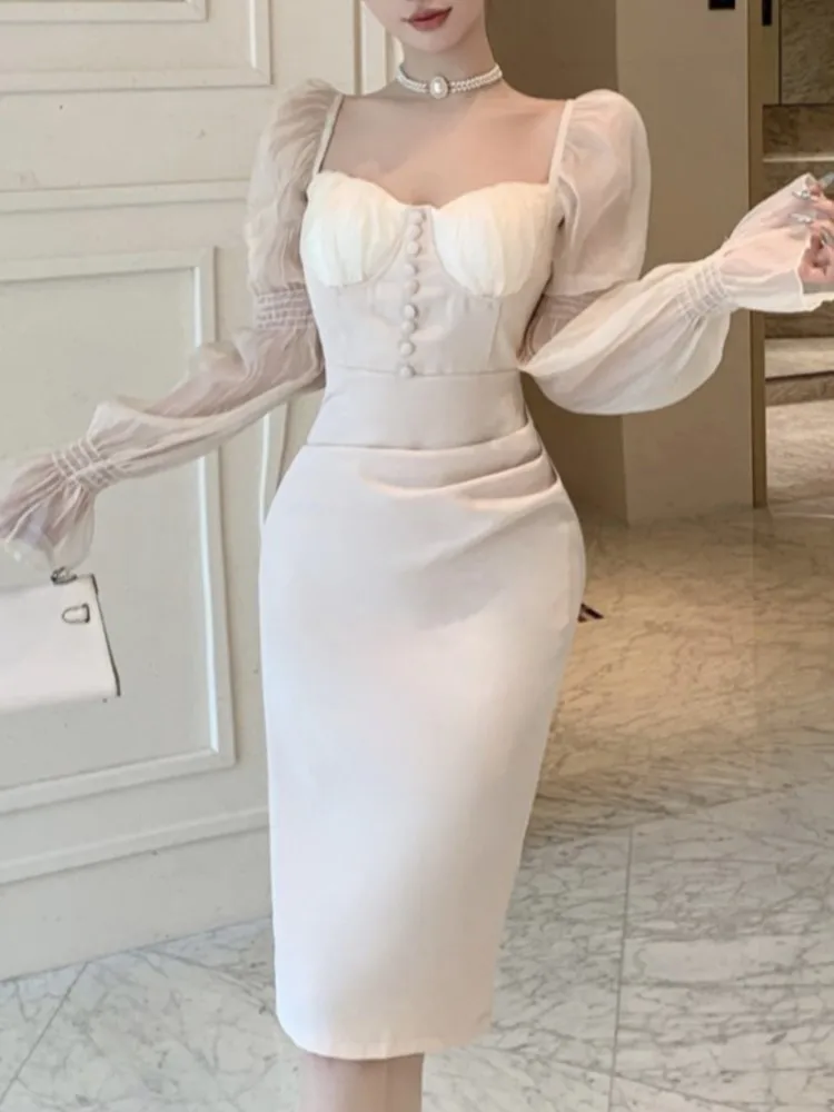 Женское вечернее платье миди с пышными рукавами