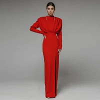 sheath unique prom dresses pleat long sleeve side slit simple evening party gown for woman o neck 2022 vestidos de noche custom