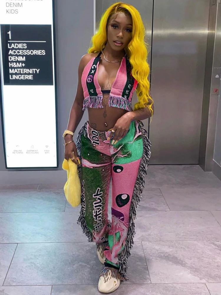 

WeiYao Sexy Two Piece Set Print Tassel Halter Crop Top Pants Sets Vocation Outfits for Women 2022 Fashion Club Matching Sets