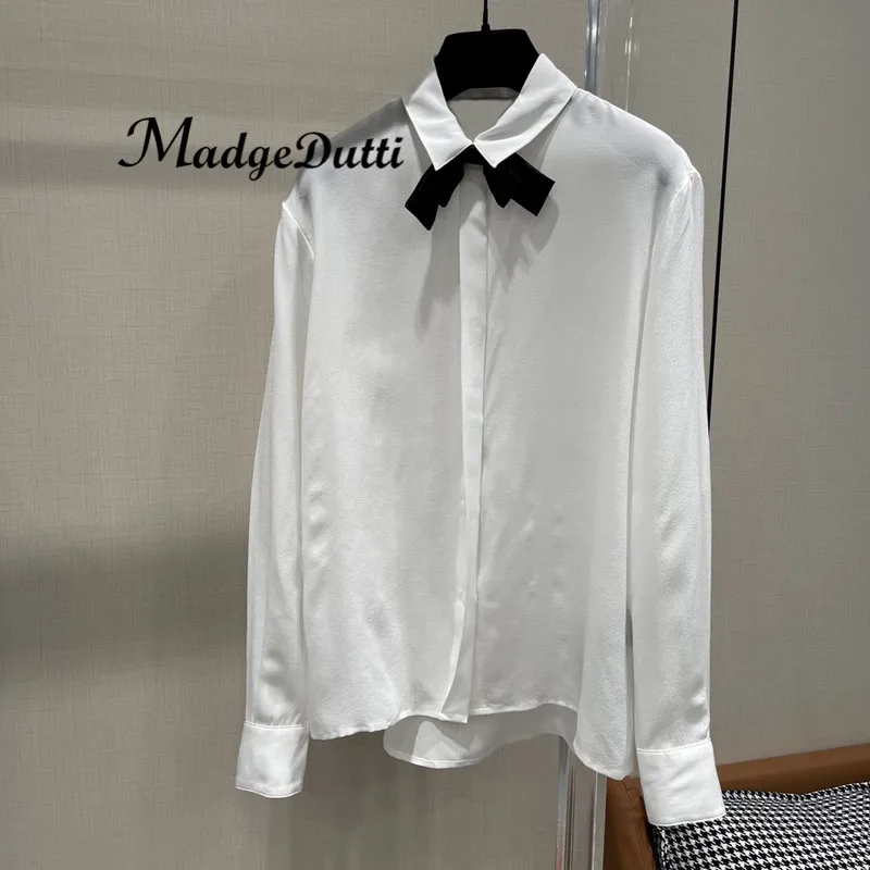 

10.17 MadgeDutti Detachable Bow Design Single Breasted Lapel Comfortable Draped Silk Shirt Women
