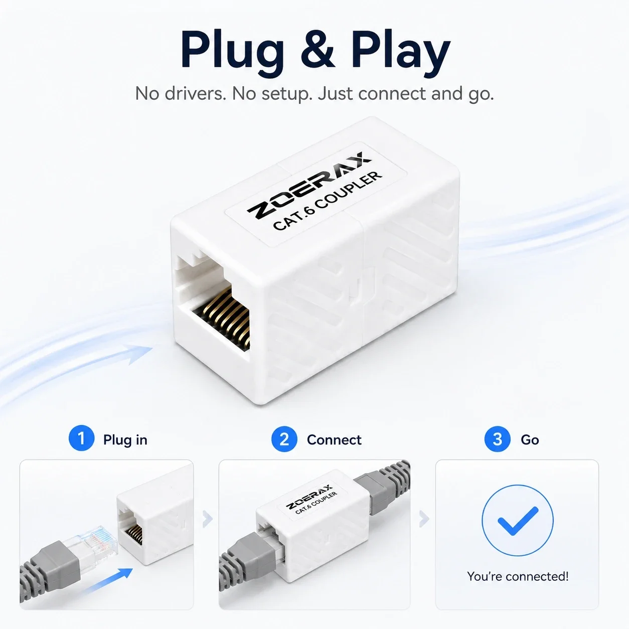 Соединитель ZoeRax CAT6 RJ45, удлинитель Ethernet 10 Гбитс, Plug and Play, разъем «мама-мама» для Cat6 Cat5e, для домашней и офисной сети LAN (art.: 3920dbd832bc3) - 3920dbd832bc3