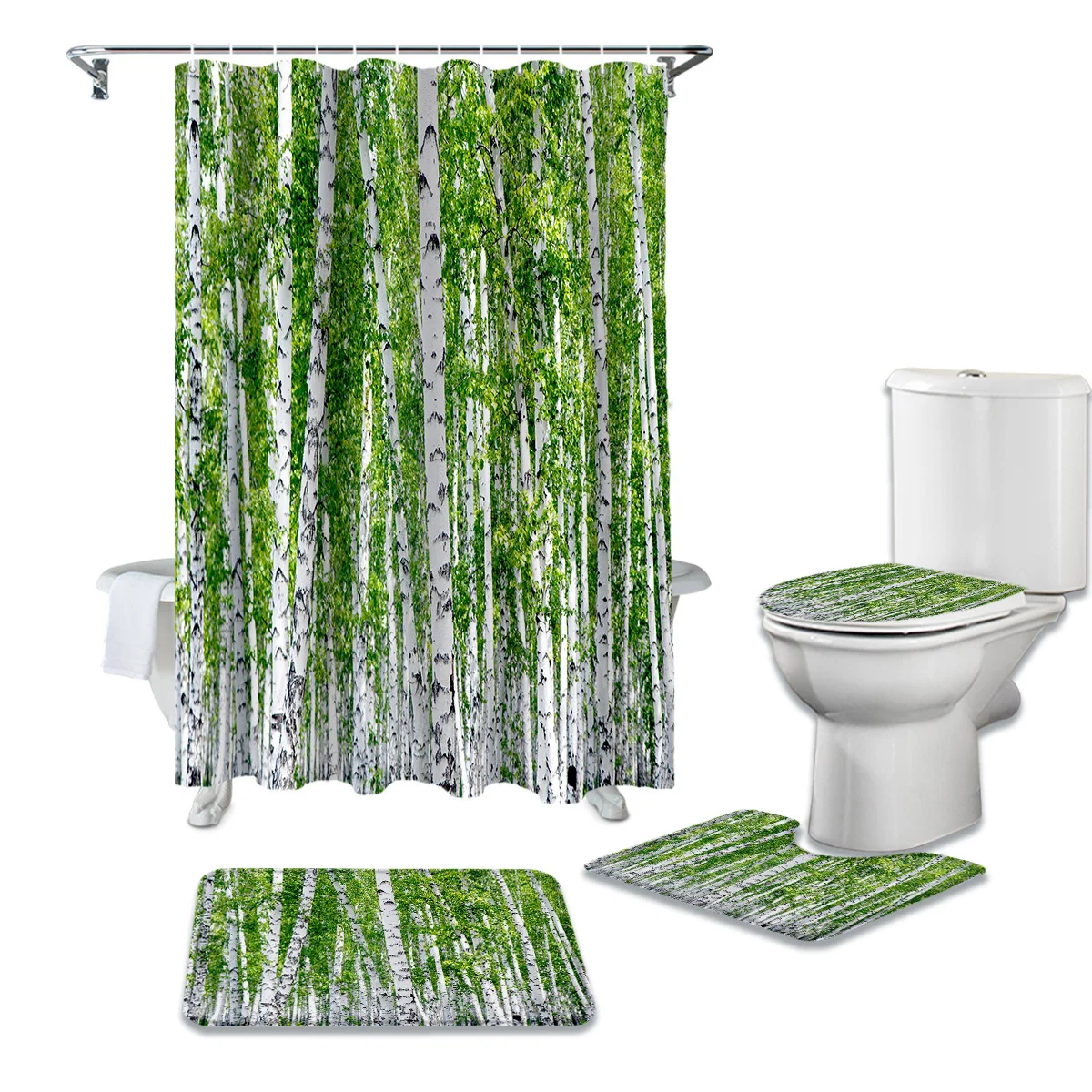 

Birch Trees Nature Shower Curtain Set Carpet Cover Toilet Cover Bathroom Mat Bathroom Household