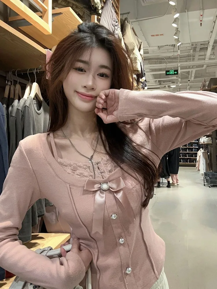 Милые кружевные лоскутные топы из двух частей с бантом женская футболка на