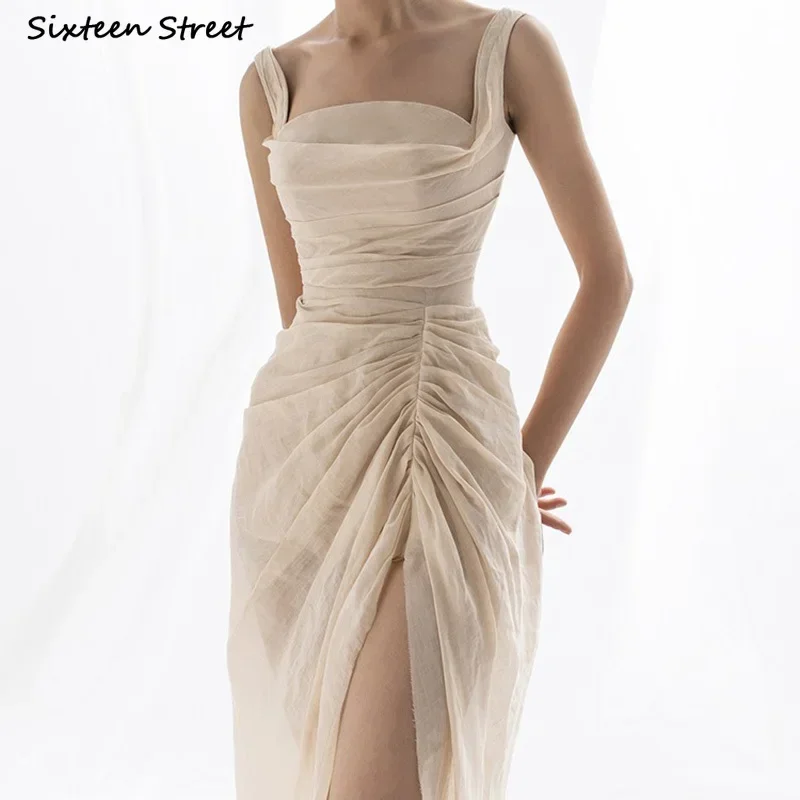 Платье женское Сетчатое абрикосовое с квадратным вырезом элегантный облегающий