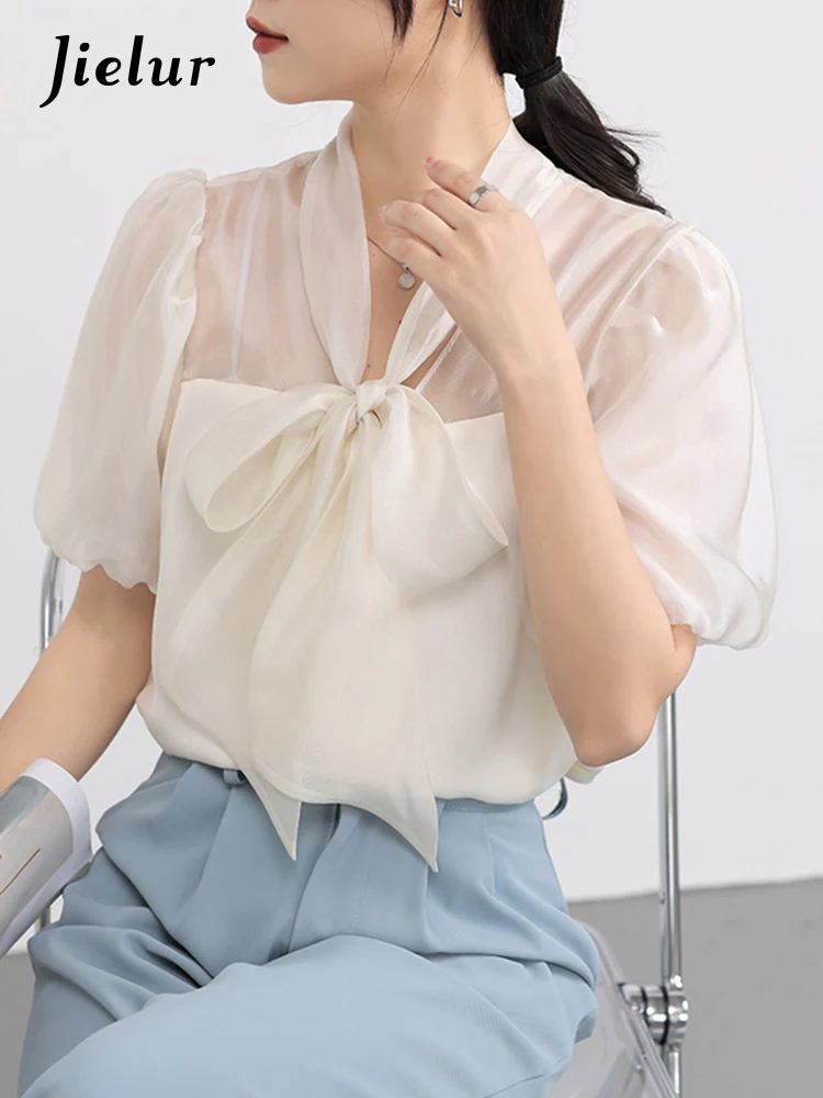 Jielur Летняя новая однотонная тонкая женская блузка милая Элегантная для женщин
