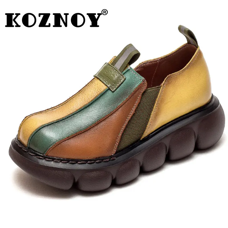 

Koznoy 5cm Cow Genuine Leather Heels Females Pumps Pils Mules Dress Luxury Platform Wedge Summer Autumn Mixed Color Women Shoes