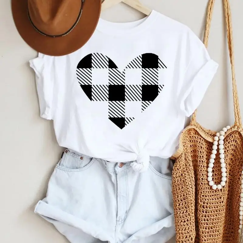 

Women Fashion Plaid Love New Year Merry Christmas Print Tshirts Trend Graphic Travel Top T Shirt Ladies Tee T-Shirt