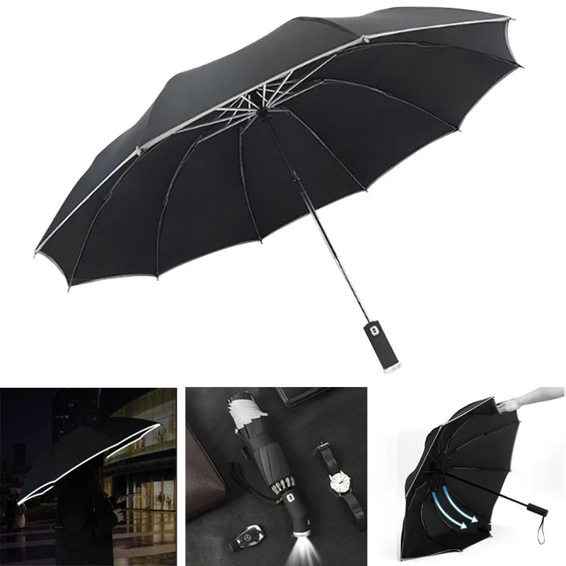 

10K Windproof Reverse Folding Umbrella With LED Light Reflective Stripe Women's Automatic Umbrella Male Men's Car Rain Umbrellas