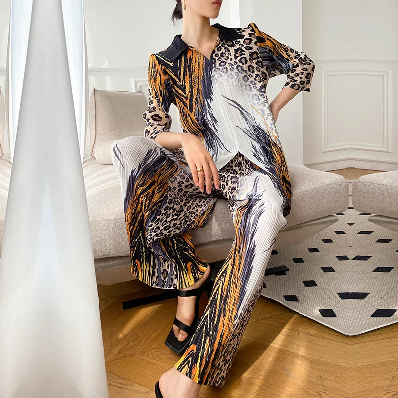 

Pleated Spring/Summer New Print Set Loose Large Long Top+Pants Two Piece Set