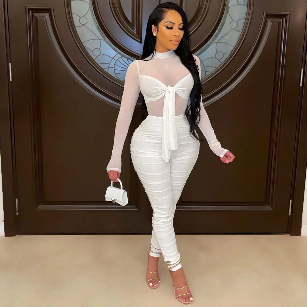 

Women Jumpsuits Fashion Sexy Mesh Sheer Bodycon Long Sleeve Bow Tie Skinny Ruched Club Party Romper Elegant Long Pants Femme