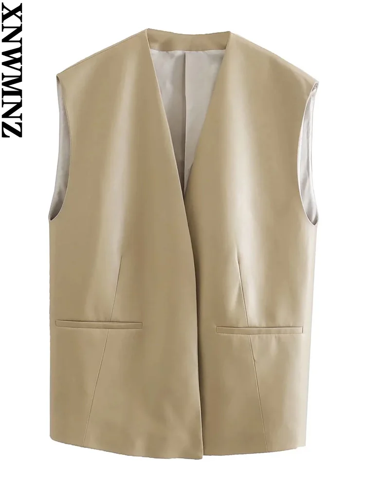

XNWMNZ women Fashion oversize faux leather waistcoat female vintage chic lapelless jacket vest women's clothing