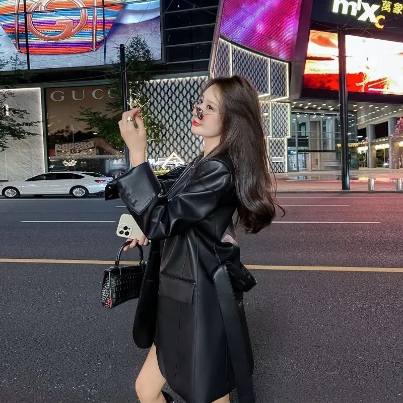 Черный женский пиджак из искусственной кожи весна-осень 202 новинка Senior Sense