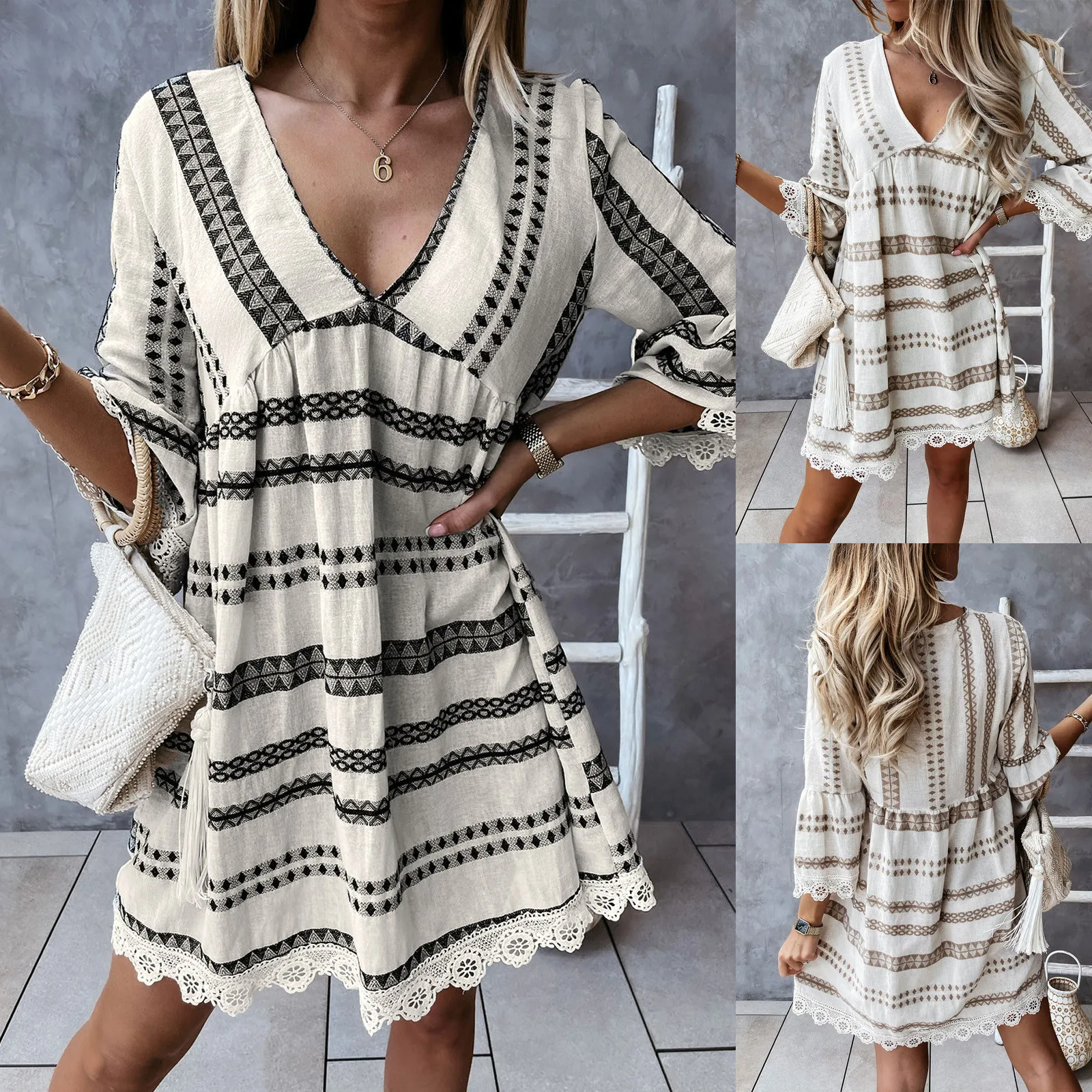 

Женское платье в богемном стиле, модное кружевное лоскутное платье, летнее сексуальное пляжное платье с V-образным вырезом и рукавом до локт...