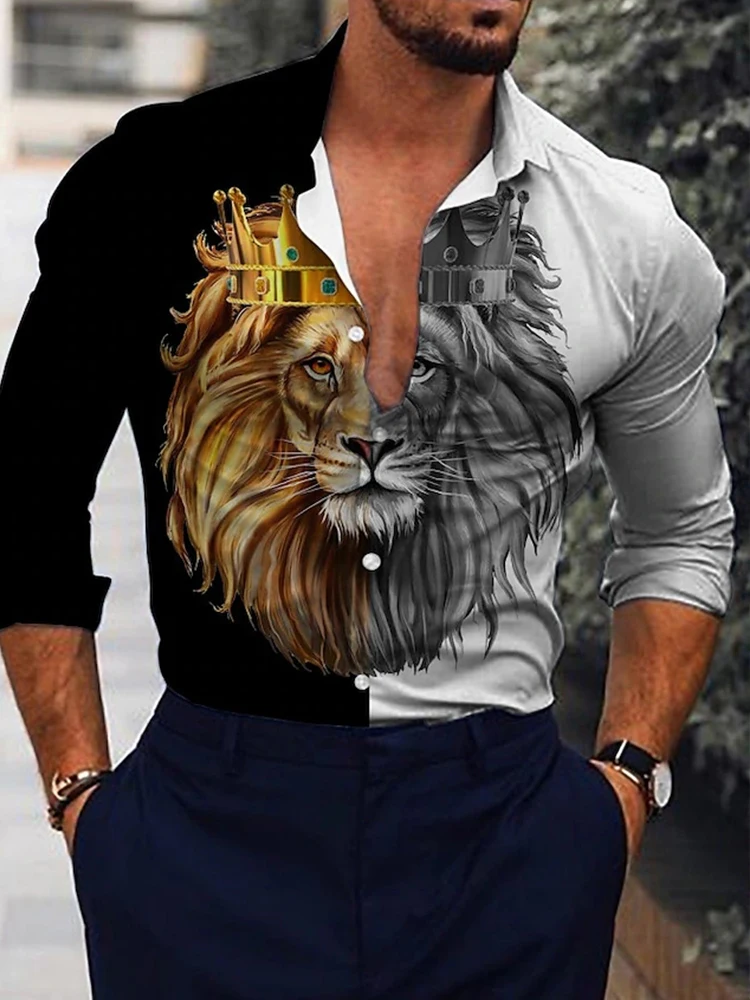 Streetwear Tiger Print Shirts for Men 3D Animal Shirt Lapel Button Shirt Long Sleeve Tops Punk Mens Clothing Cool New Cardigan