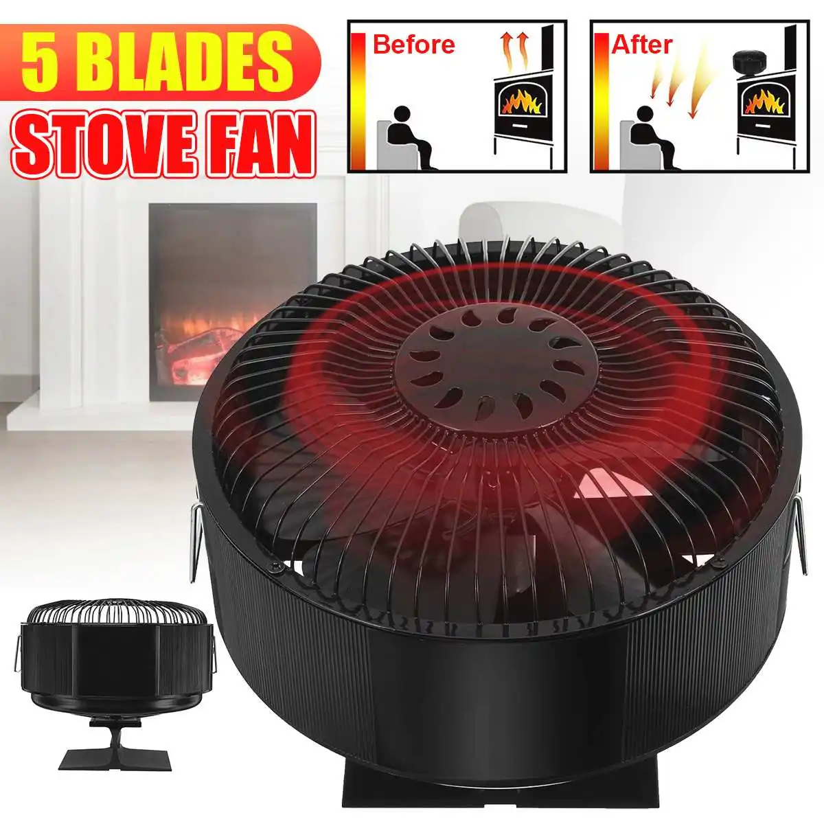 

New Black Fireplace Fan 5 Blade Heat Powered Stove Fan Log Wood Burner Eco Friendly Quiet Fan Home Efficient Heat Distribution