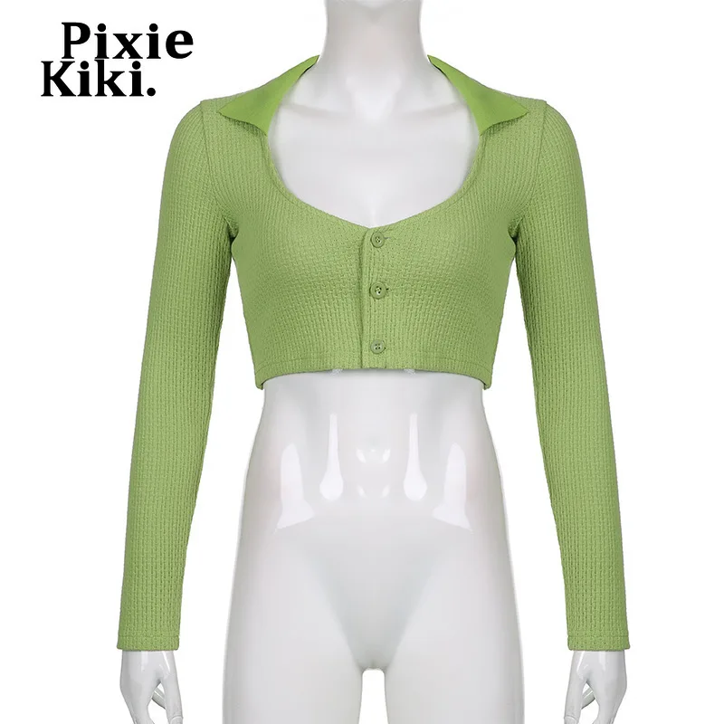 Пикантные зеленые вязаные футболки PixieKiki Y2k одежда с воротником на пуговицах