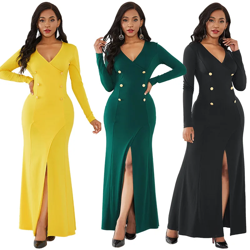 

LIZHILIZHI Autumn/Winter V-Neck Sexy Pack Hip Dress Beaded Slit Long Skirt Europe and America Solid Color Long Sleeve Stretch