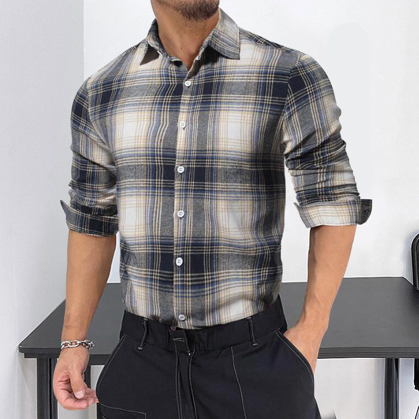 

Corduroy Shirt Men Long Sleeve Male Autumn Casual Plaid Print Shirt Turn Down Collar Long Sleeve Shirt Blouse Exercise Pack
