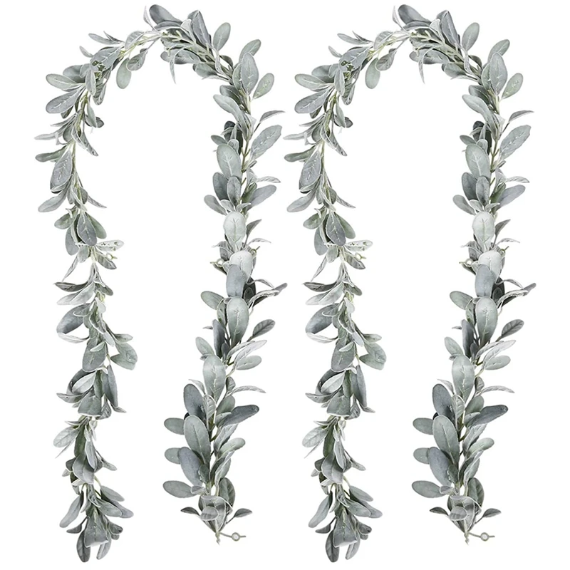 

2 Pcs Artificial Flocked Lambs Ear Garland - 6Ft/Piece Soft Faux Vine Greenery And Leaves For Framhouse Mantle Decor