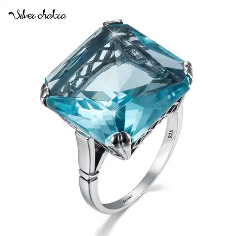 SILVERCHAKRA удивительный 925 серебряный Аквамарин драгоценный камень кольцо для женщин Винтажный сверкающий камень день рождения квадратный биг...