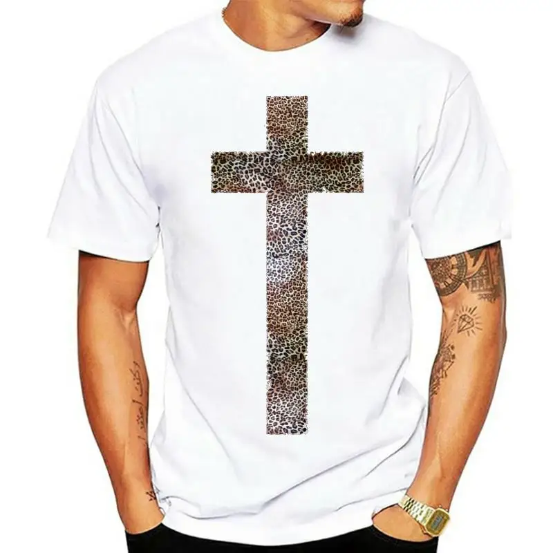 

CROSS PRINTED BLACK T SHIRT MENS LEOPARD PRINTED HIPSTER TEE RELIGION SWAG TOP