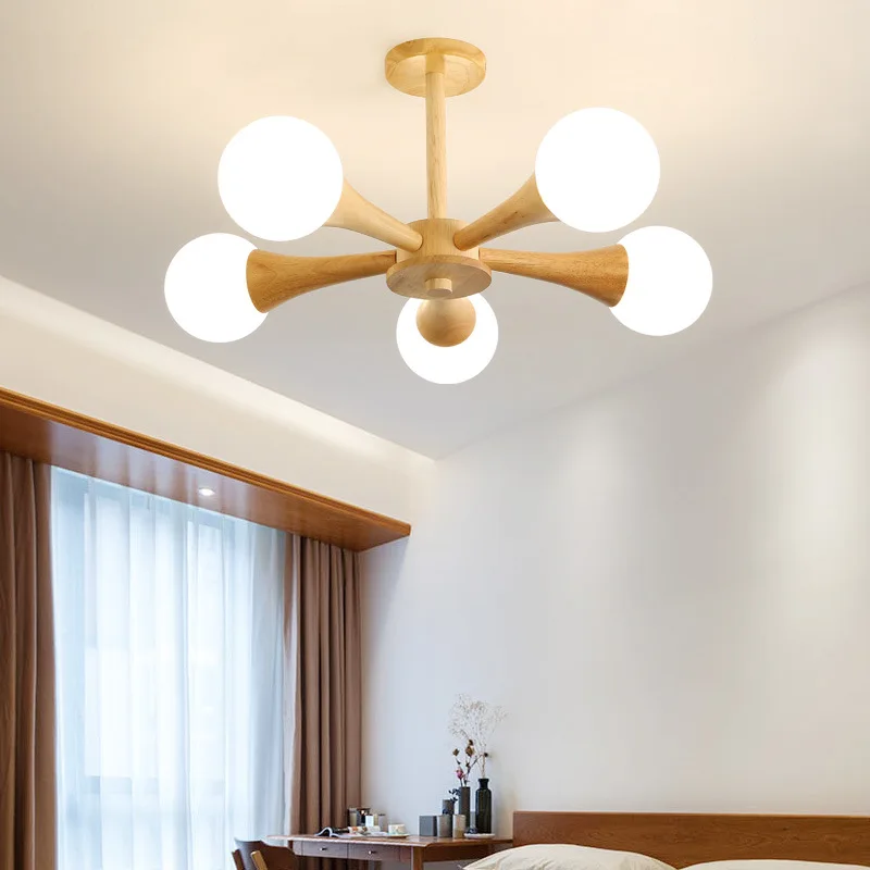 

Nordic Wood LED Chandelier Light Glass Ball Ceiling Pendant Lamp For Living Room Dining Room Kitchen Hanging Light E27 Fixtures