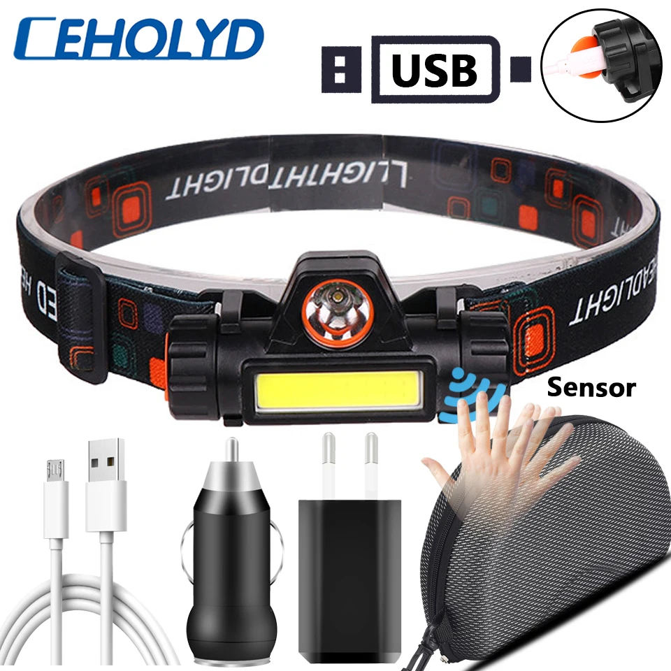 

Сенсорный светодиодный налобный фонарь XP-G Q5, встроенный аккумулятор 18650, налобный фонарь COB светильник магнитом, водонепроницаемый налобный фонарь, фонасветильник для рыбалки