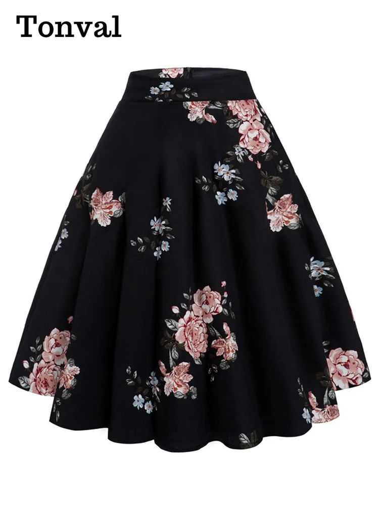 

Tonval Peony Floral Vintage A Line Black Flare Swing Skirts Womens Summer Cotton 1950S Retro Skater Skirt