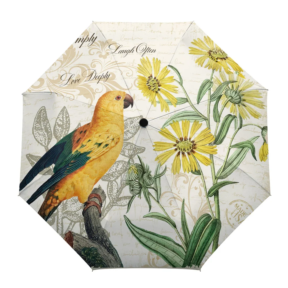 

Yellow Parrot Sunflower Retro Print Women Men Rain Umbrella Three Folding Girl Durable Portable Automatic Umbrellas Gift Parasol